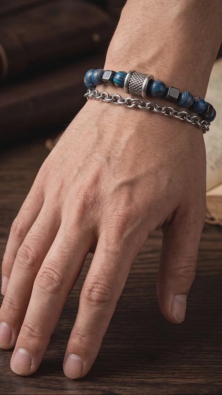 Men’s Stainless Steel Beaded Bracelet | Blue Stone Beads with Chain Design | Anti-Tarnish |