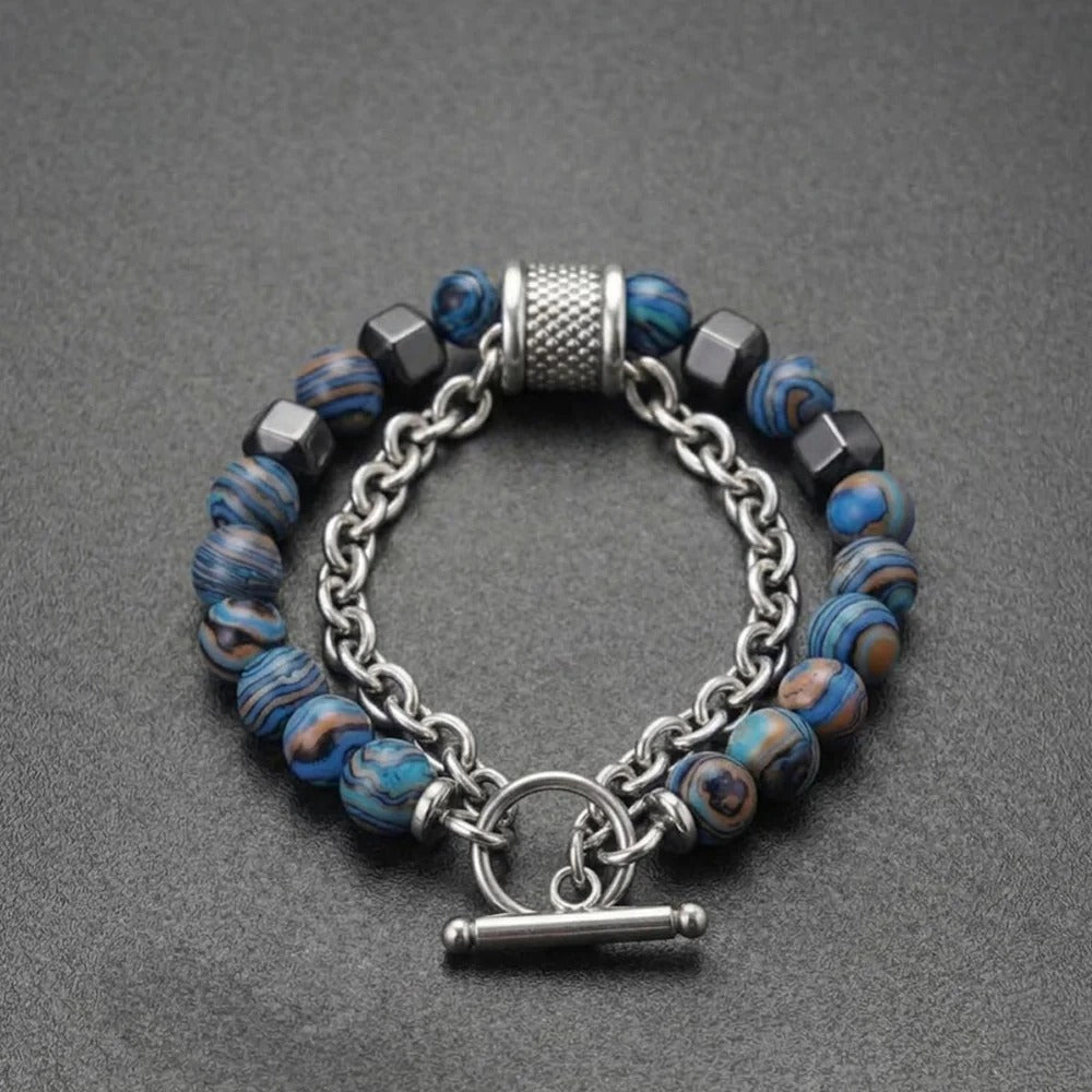 Men’s Stainless Steel Beaded Bracelet | Blue Stone Beads with Chain Design | Anti-Tarnish |
