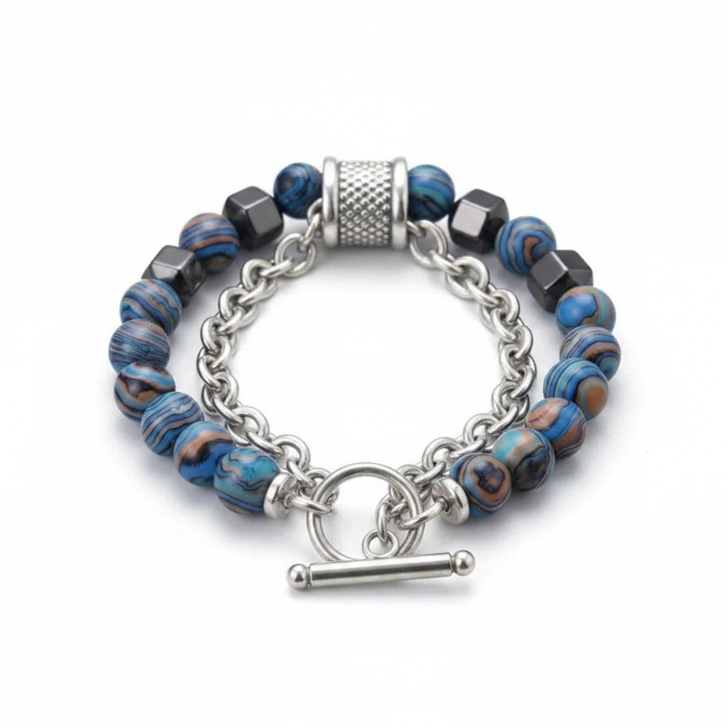 Men’s Stainless Steel Beaded Bracelet | Blue Stone Beads with Chain Design | Anti-Tarnish |